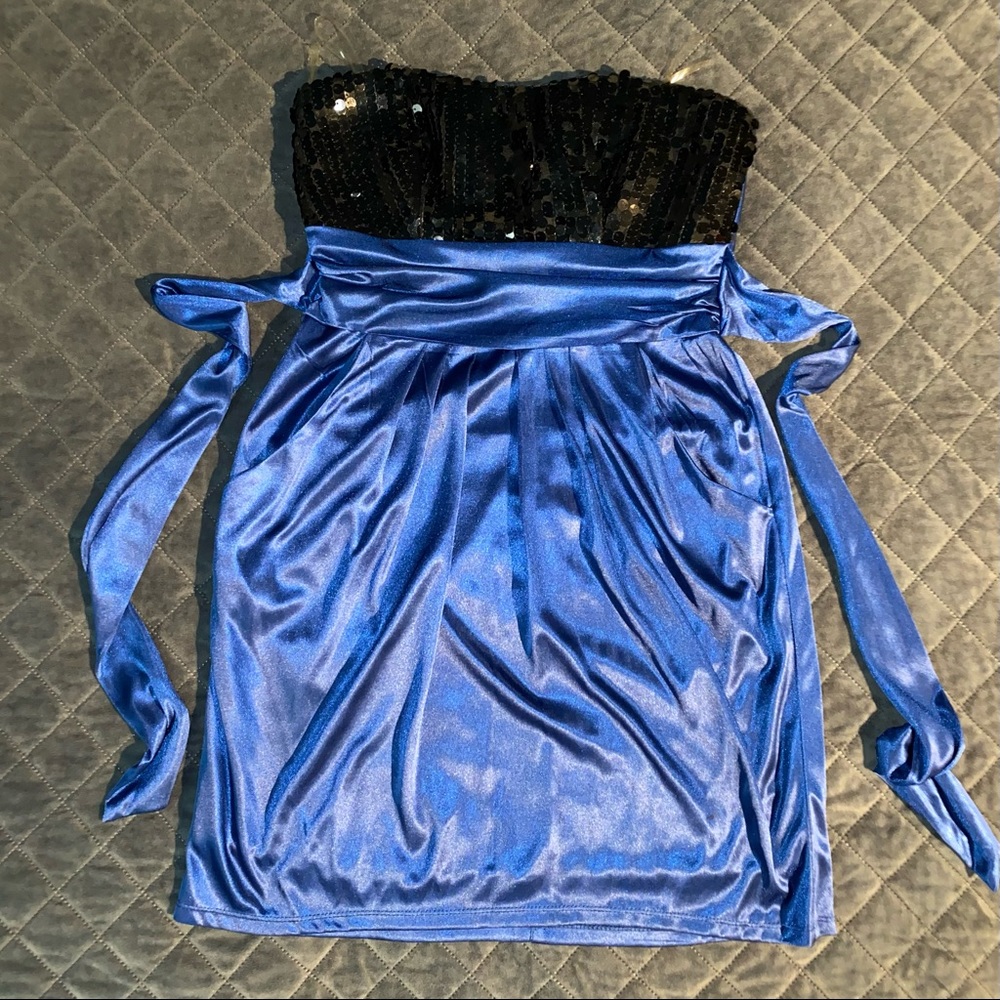 Black Sequin & Royal Blue Satin Cocktail Dress